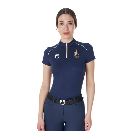 Polo da allenamento donna Equestro x FISE con zip bandiera italiana maniche corte