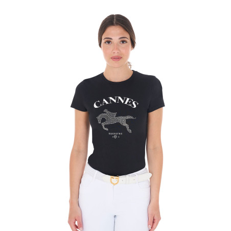 T-shirt donna Equestro Cannes in cotone con strass a maniche corte