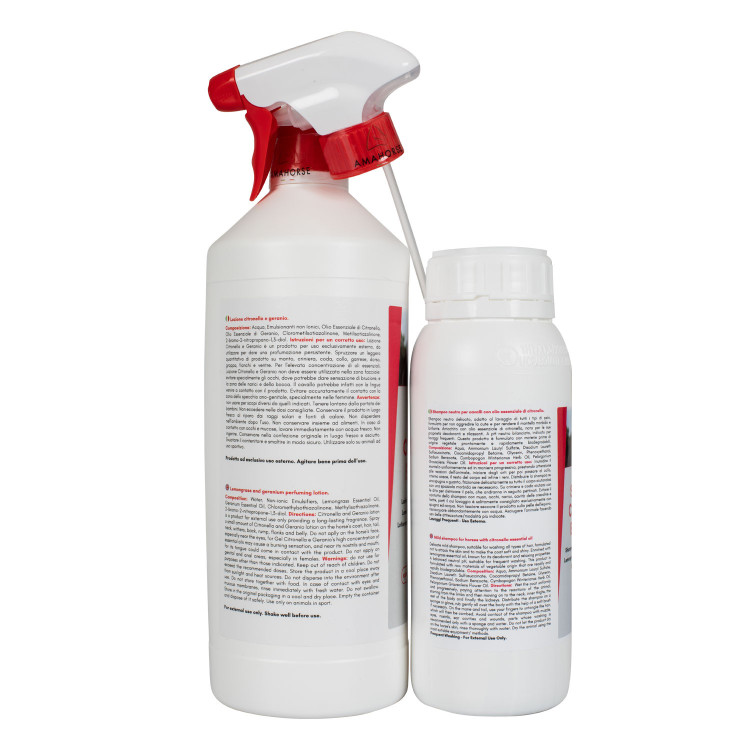 Kit lozione citronella & geranio 1L + shampoo citronella 500ml Umbria Equitazione Kit lozione citronella & geranio 1L + shampoo citronella 500ml Umbria Equitazione