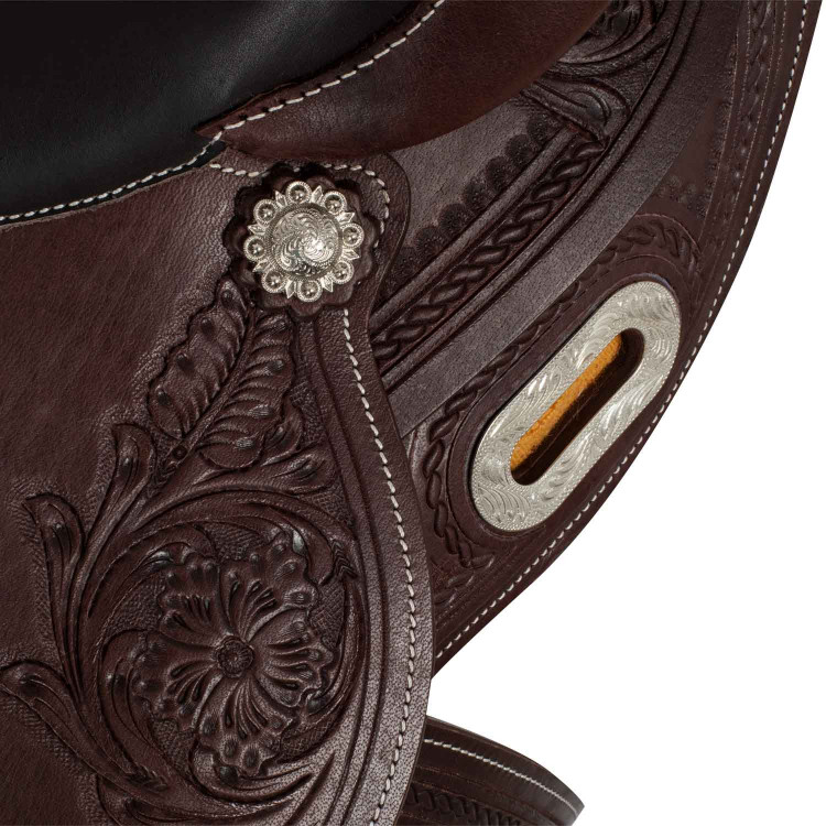 Sella western con finiture in acciaio inox, cuoio martellato e decorazioni floreali 2815 Denver Sella western con finiture in acciaio inox, cuoio martellato e decorazioni floreali 2815 Denver