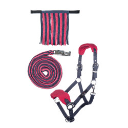 Set cavezza HKM con moschettone antipanico e frange staccabili Grigio / rosa scuro