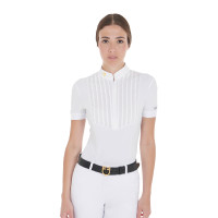Polo aderente in cotone plissé a maniche corte da donna Equestro Bianco Polo aderente in cotone plissé a maniche corte da donna Equestro Bianco