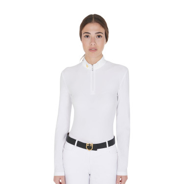 Langarm-Poloshirt aus technischem Fleecestoff Damen Warm+ Equestro Bianco