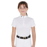 Polo da concorso da ragazza aderente a maniche corte con chiusura lampo Lusineh Equestro Bianco Polo da concorso da ragazza aderente a maniche corte con chiusura lampo Lusineh Equestro Bianco