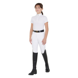 Polo da concorso da ragazza aderente a maniche corte con chiusura lampo Lusineh Equestro Bianco Polo da concorso da ragazza aderente a maniche corte con chiusura lampo Lusineh Equestro Bianco