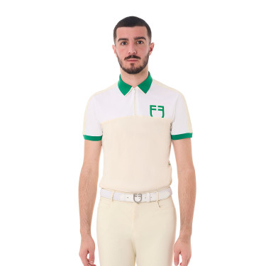 Polo da allenamento bicolore aderente a maniche corte con zip da uomo Equestro Bianco antico / bianco / verde oltremare