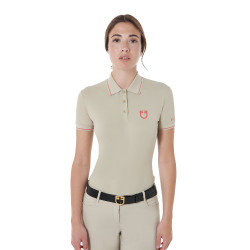 Polo da allenamento aderente in tessuto traspirante da donna Equestro Oxford tan / rosso papavero Beige