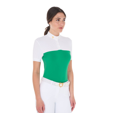 Polo aderente in tessuto tecnico e mesh a maniche corte da donna Equestro Polo aderente in tessuto tecnico e mesh a maniche corte da donna Equestro