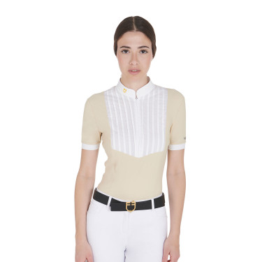 Polo aderente in cotone plissé a maniche corte da donna Equestro Polo aderente in cotone plissé a maniche corte da donna Equestro