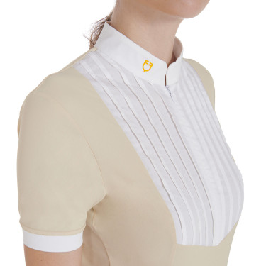 Polo aderente in cotone plissé a maniche corte da donna Equestro Polo aderente in cotone plissé a maniche corte da donna Equestro