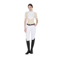 Polo ajusté en coton plissé manches courtes femme Equestro Beige