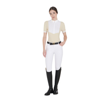 Polo aderente in cotone plissé a maniche corte da donna Equestro Polo aderente in cotone plissé a maniche corte da donna Equestro