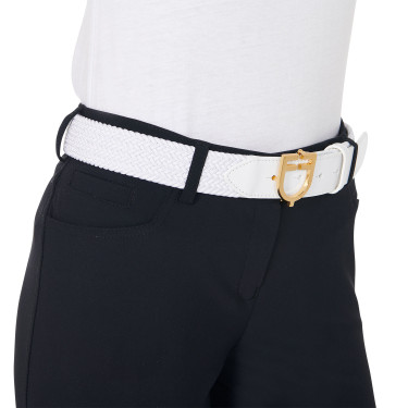 Cintura elastica in pelle con fibbia con logo Equestro Oro / bianco