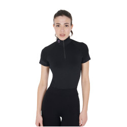 Strato base aderente a maniche corte da donna in tessuto tecnico Equestro Nero / lilla Strato base aderente a maniche corte da donna in tessuto tecnico Equestro Nero / lilla