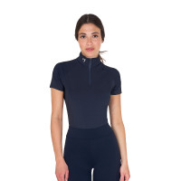 Strato base aderente a maniche corte da donna in tessuto tecnico Equestro Blazer navy / bianco Blu marino