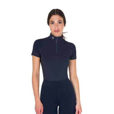 Strato base aderente a maniche corte da donna in tessuto tecnico Equestro Blazer navy / bianco Blu marino