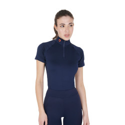 Strato base aderente a maniche corte da donna in tessuto tecnico Equestro Blu navy / rosso