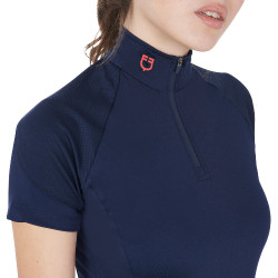 Strato base aderente a maniche corte da donna in tessuto tecnico Equestro Blu navy / rosso
