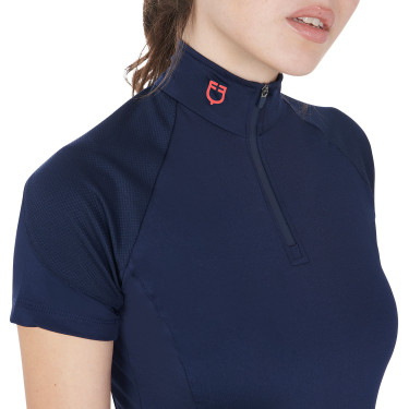 Strato base aderente a maniche corte da donna in tessuto tecnico Equestro Blu navy / rosso