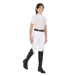 Polo Bambina da Concorso a Maniche Corte e Bottoni con Mesh Equestro Rosa