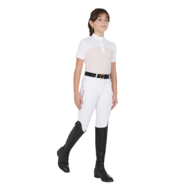 Polo Bambina da Concorso a Maniche Corte e Bottoni con Mesh Equestro Rosa