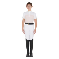 Polo Bambina da Concorso a Maniche Corte e Bottoni con Mesh Equestro Rosa