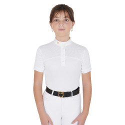 Polo Bambina da Concorso a Maniche Corte e Bottoni con Mesh Equestro Bianco