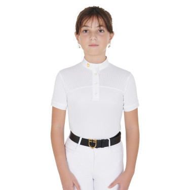 Polo Bambina da Concorso a Maniche Corte e Bottoni con Mesh Equestro Bianco