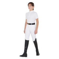 Polo Bambina da Concorso a Maniche Corte e Bottoni con Mesh Equestro Bianco