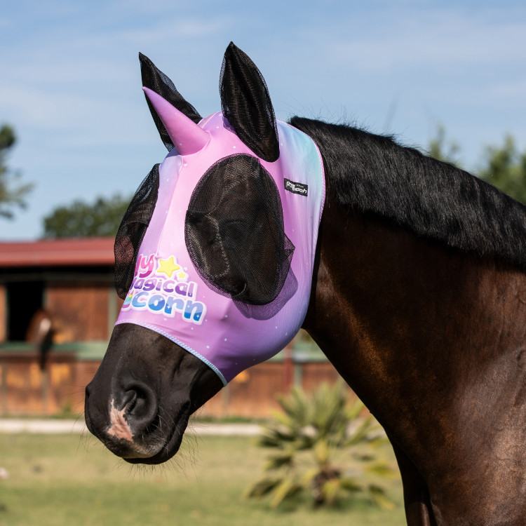 Maschera Anti-Mosche in Lycra con Copri-Orecchie e Motivo Unicorno Pro-Tech