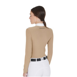 Polo de concours Femme Manches Longues en Tissu Technique et Mesh Equestro Beige