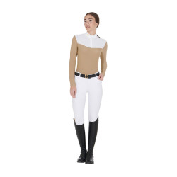 Polo de concours Femme Manches Longues en Tissu Technique et Mesh Equestro Beige