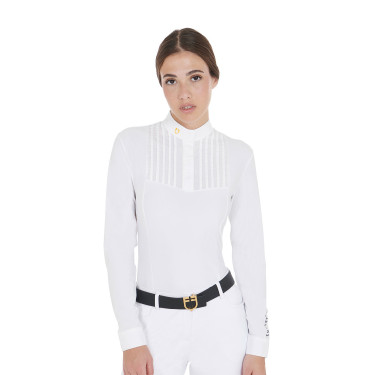 Polo da concorso Donna Maniche Lunghe con Pieghe in Cotone Equestro Bianco