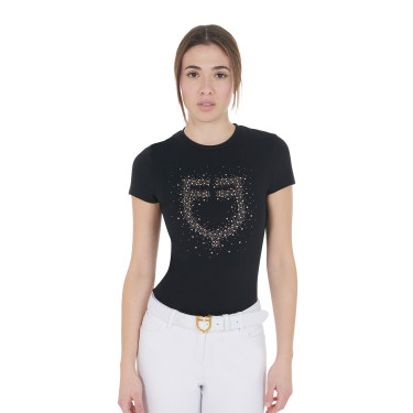 T-shirt donna slim fit rosa con strass Equestro Nero