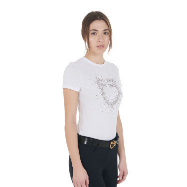 T-shirt donna slim fit rosa con strass Equestro Bianco