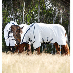 Coperta antimosche Rambo Natura Summer 0g con copricollo Horseware Bianco / blu navy