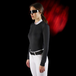 Polo da concorso donna Equestro Ridertechnology a maniche lunghe con zip Nero