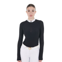 Polo da concorso slim fit da donna con inserti in mesh Equestro Nero Polo da concorso slim fit da donna con inserti in mesh Equestro Nero