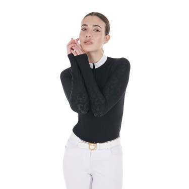 Polo da concorso slim fit da donna con inserti in mesh Equestro Nero Polo da concorso slim fit da donna con inserti in mesh Equestro Nero