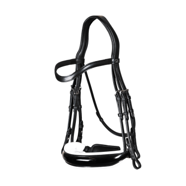 Briglia Dy'on collezione dressage cuoio piatto Capezzina Large Verniciata Fodera Bianca Briglia Dy'on collezione dressage cuoio piatto Capezzina Large Verniciata Fodera Bianca