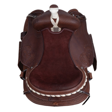 Sella western Lakota con gonna rotonda incisa e filo d'argento Marrone