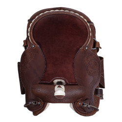 Sella western Lakota con gonna rotonda incisa e filo d'argento Marrone