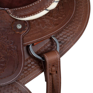 Sella western Lakota con gonna rotonda incisa e filo d'argento Marrone