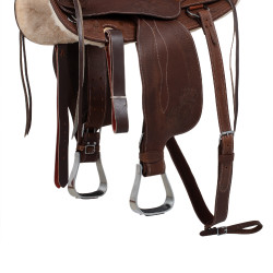 Sella western Lakota con gonna rotonda incisa e filo d'argento Marrone