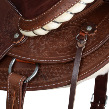 Sella western Lakota con gonna rotonda incisa e filo d'argento Marrone