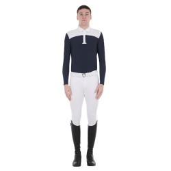 Polo da concorso Uomo Maniche Lunghe con Bottoni Equestro Bianco / blu navy