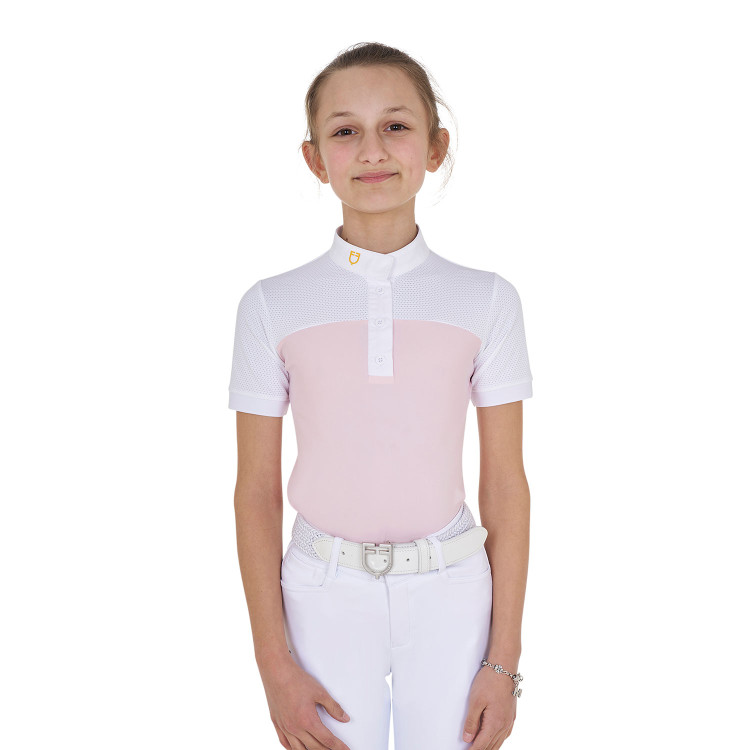 Polo Bambina da Concorso a Maniche Corte e Bottoni con Mesh Equestro