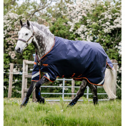 Coperta Horseware Rambo Original 100g con Leg Arches Marina / arancione Blu