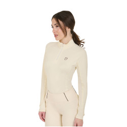 Strato base aderente a maniche lunghe da donna in tessuto tecnico Equestro Bianco antico / marrone