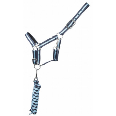 Capestro sintetico foderato + lunghina intrecciata americana T de T Marino / azzurro chiaro Blu